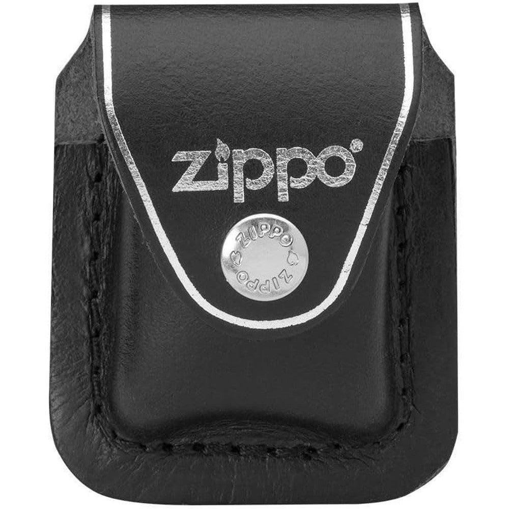 Zippo genuine leather lighter pouch front view showcasing premium black leather texture and secure snap button closure.