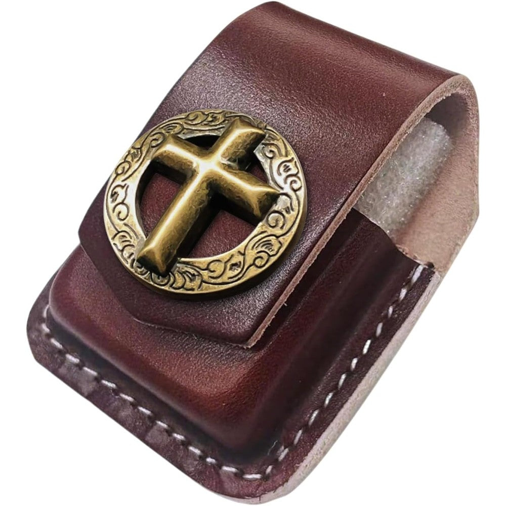 Heiluxe Handcrafted Leather Lighter Case in coconut brown front view showcasing the brass cross emblem.