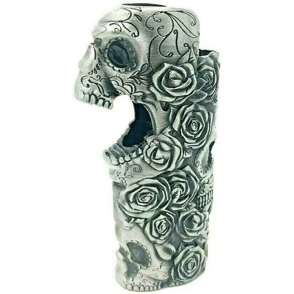 JSSELLER rose skull metal lighter case front view featuring detailed silver pewter skeleton design