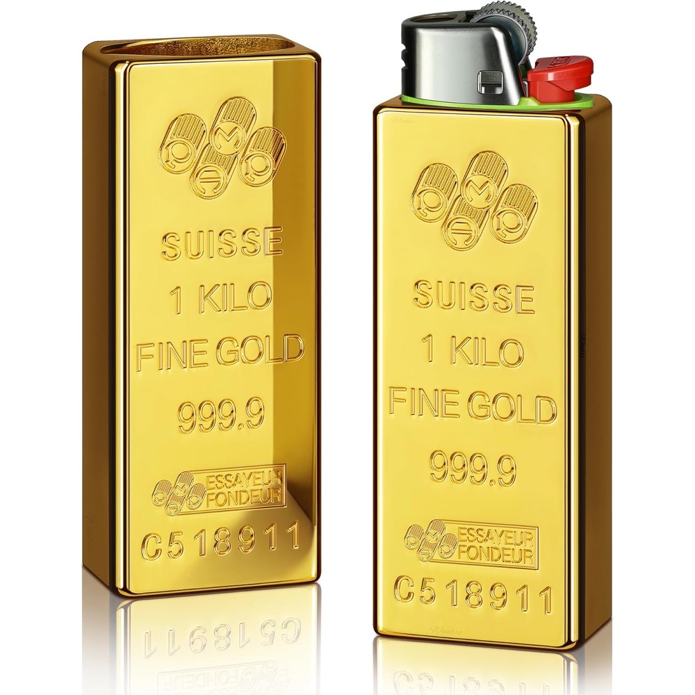 Wanbro gold bar lighter case front view showing the premium engraved Swiss gold brick design.