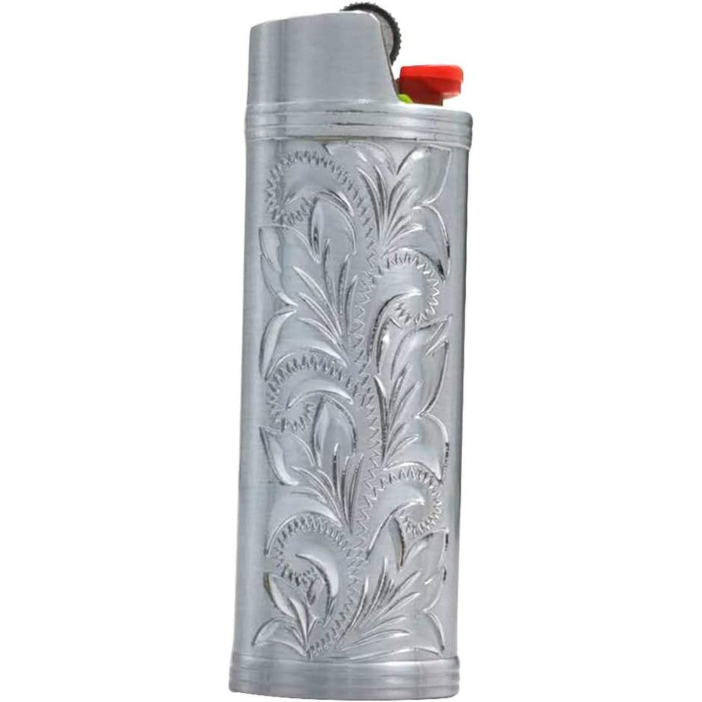 Lucklybestseller metal lighter case front view showcasing vintage floral stamped details.