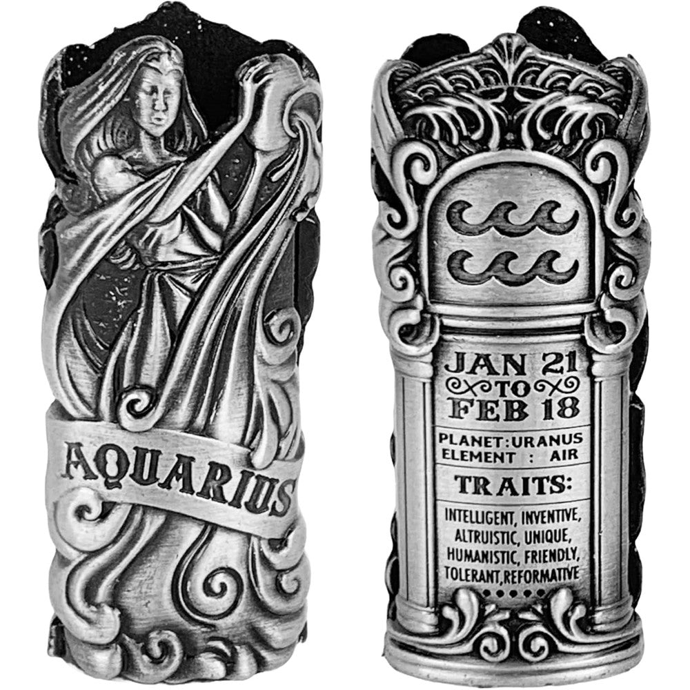 JSSELLER metal lighter case front view showing detailed Aquarius zodiac engraving on silver pewter sleeve.