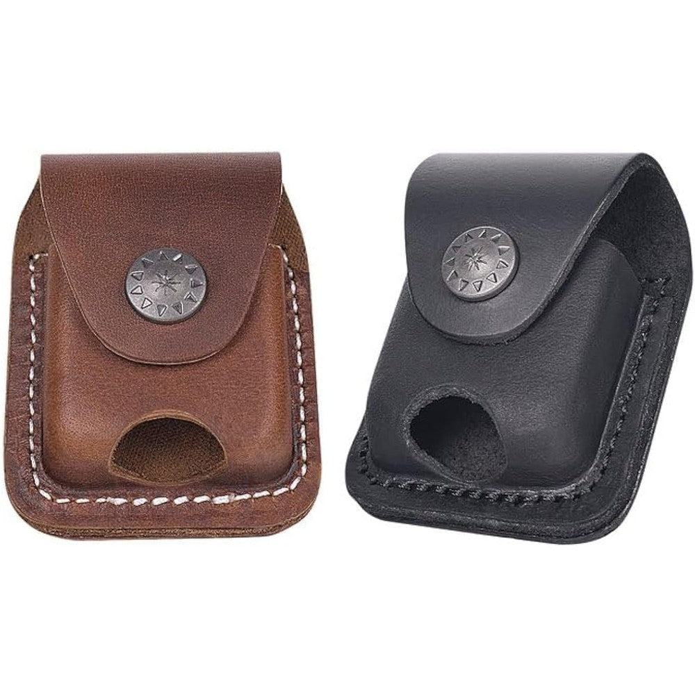 Gain handmade leather lighter pouch front view with secure metal buckle closure