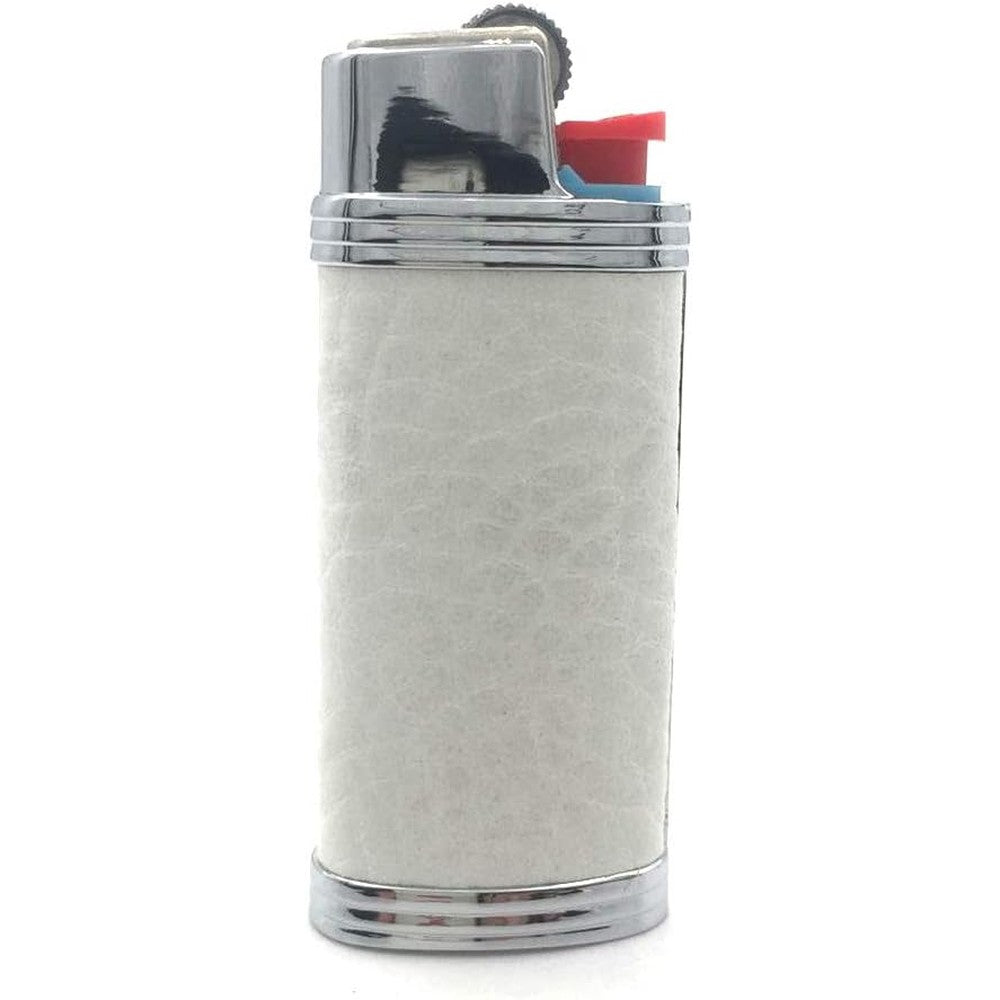 Lucklybestseller metal leather lighter case cover front view featuring premium white vintage styling for mini pocket lighters.