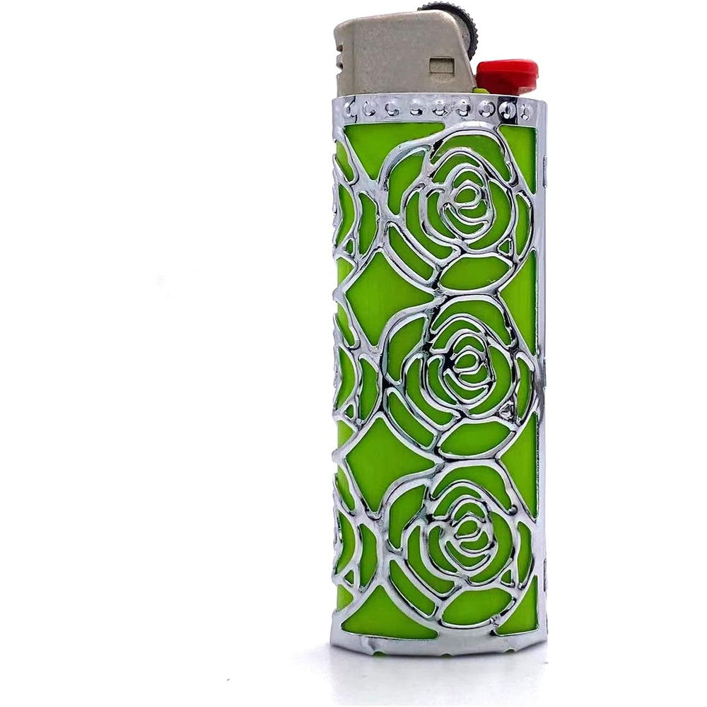 Lucklybestseller metal lighter case rose hollow silver front view showing intricate floral pattern.