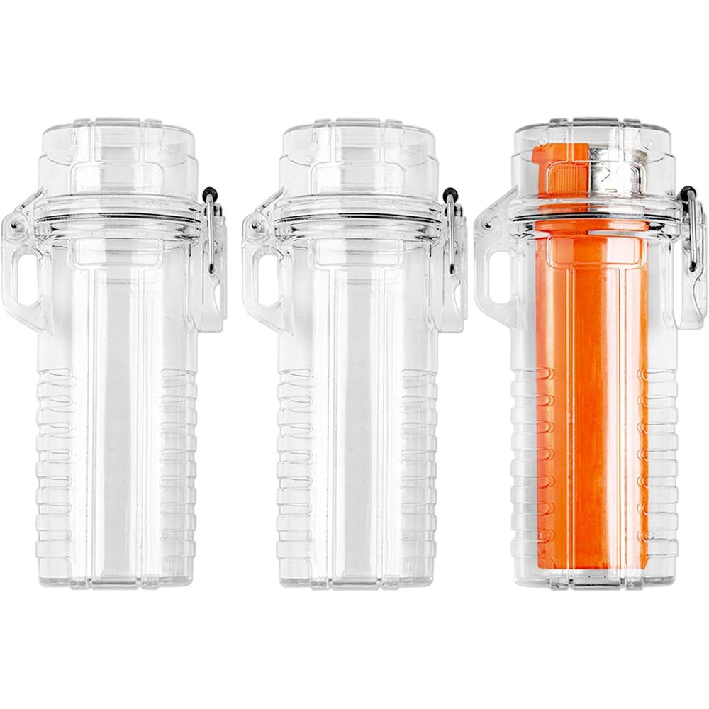 GTILE transparent waterproof lighter case front view showing airtight seal mechanism.