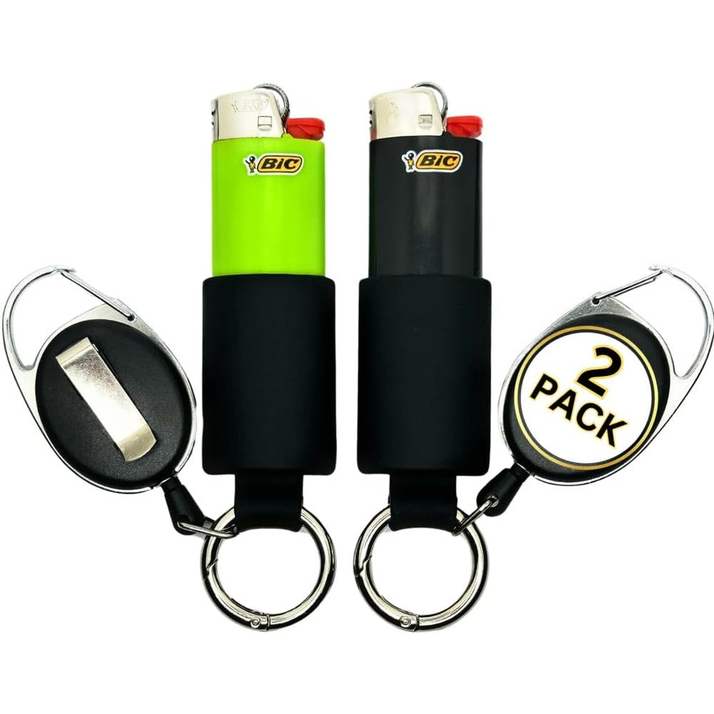 Lighter Locators retractable lighter holder 2 pack front view showing premium black silicone sleeves