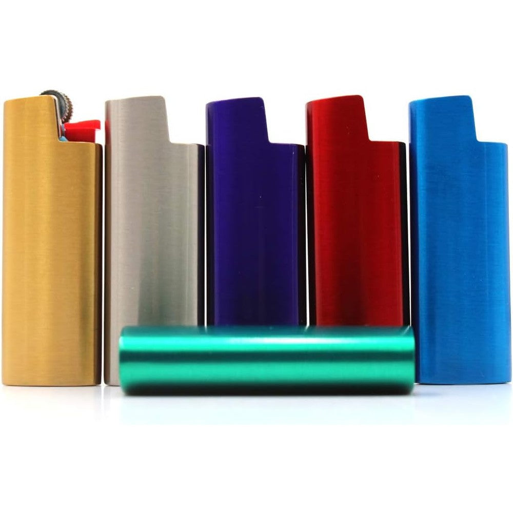 Lucklybestseller metal lighter case set front view showing six assorted metallic colors for mini pocket accessories