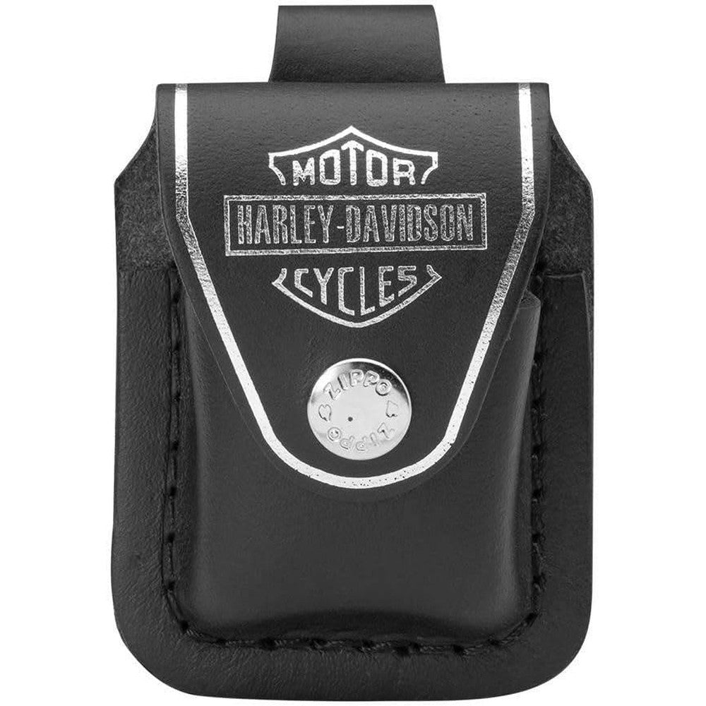Zippo Harley Davidson black leather lighter pouch front view showcasing silver snap button closure