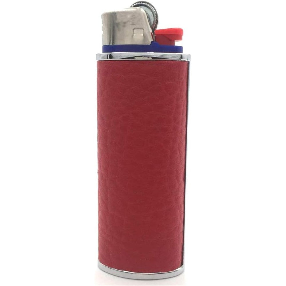 Lucklybestseller metal and red leather lighter case front view protective sleeve for classic full size lighters