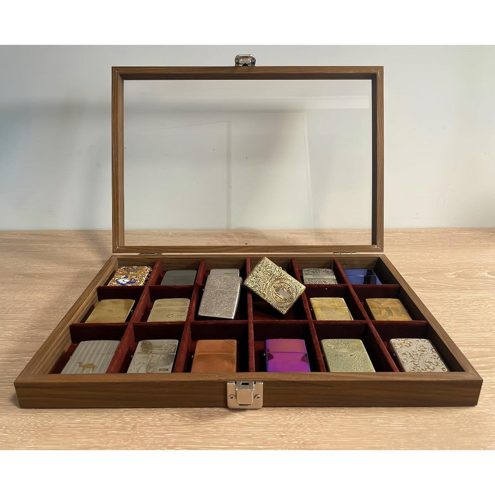 Wasydy walnut lighter display case front view showing 18 filled slots under clear glass top