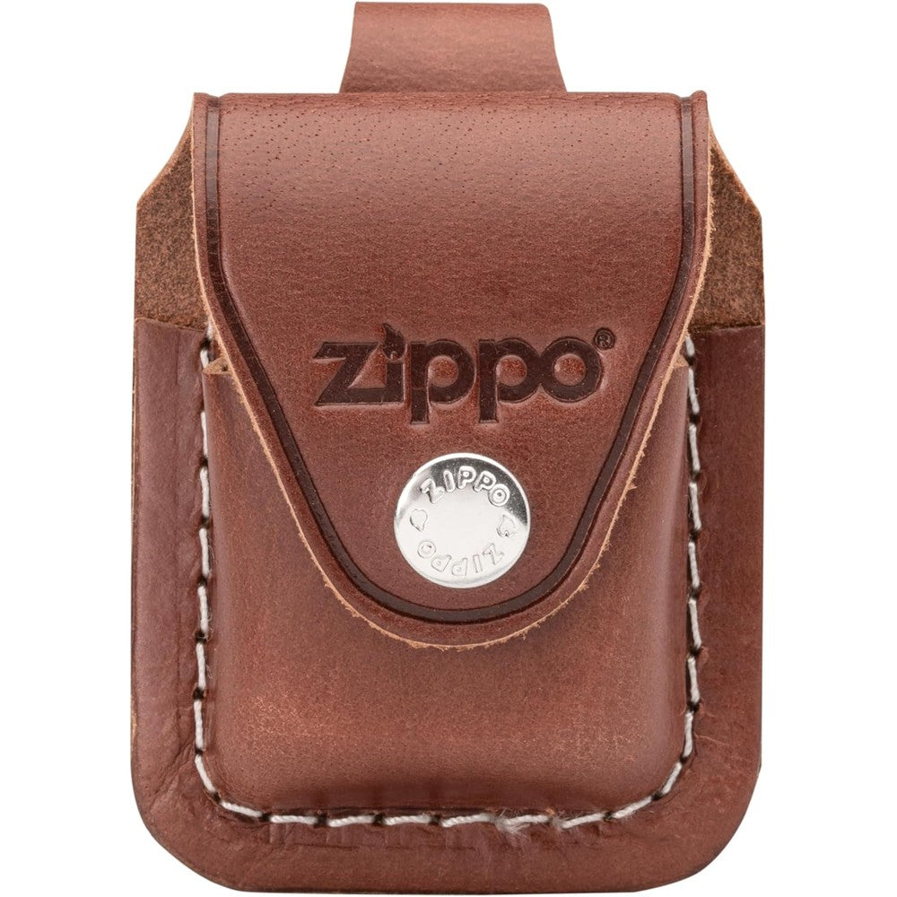 Zippo brown genuine leather lighter pouch front view showing snap button closure