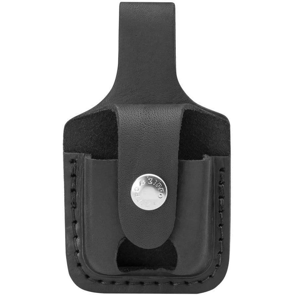 Zippo black leather lighter pouch front view showcasing genuine leather texture and snap closure