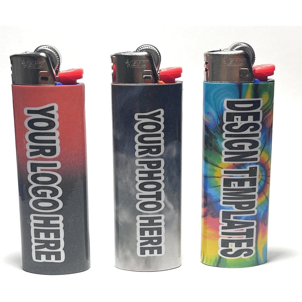 Custom photo sticker wraps for classic size disposable lighters front view showing personalized family photograph layout