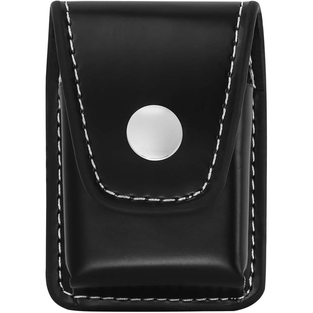 MEIJIAYOU leather lighter case front view showing premium black leather and white stitching details