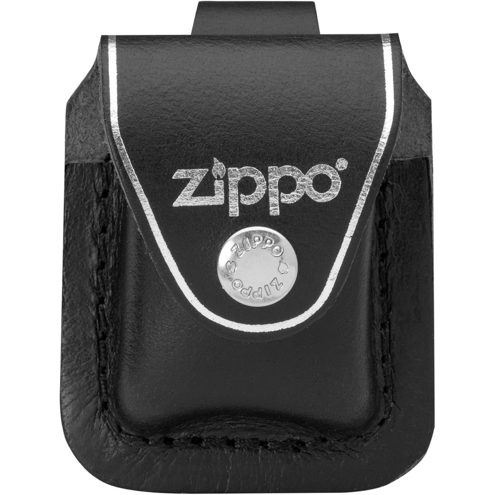 Zippo lighter pouch loop black front view showing genuine leather texture and metal snap closure