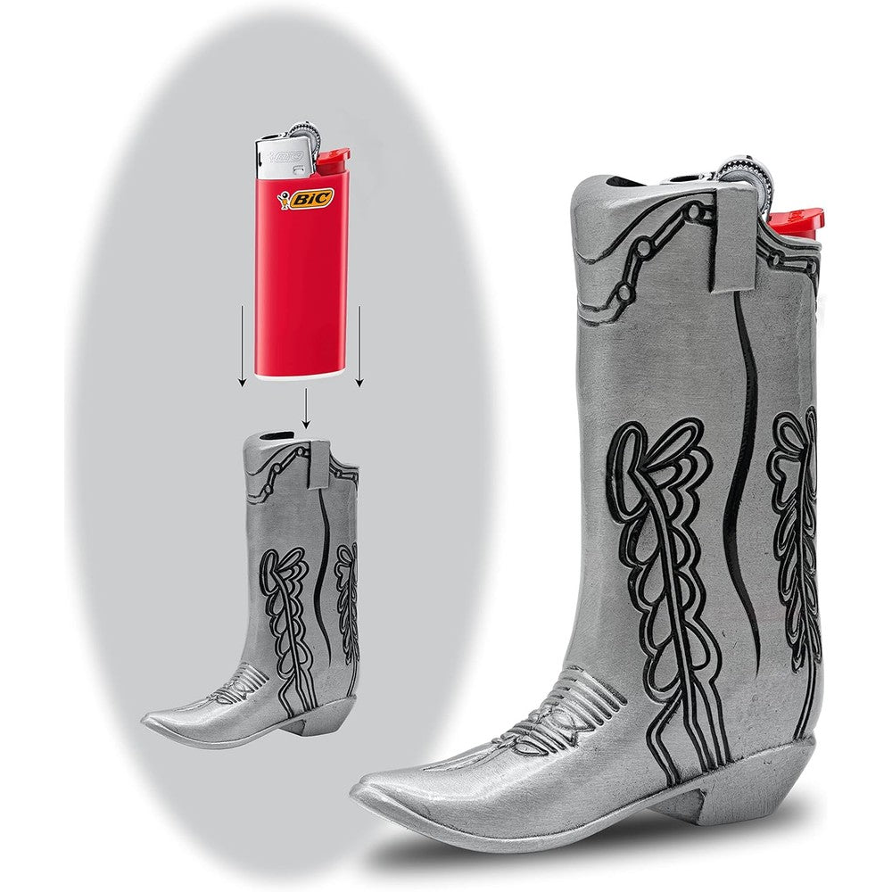 HMC cowboy boot lighter case silver metal front view premium western pocket accessory