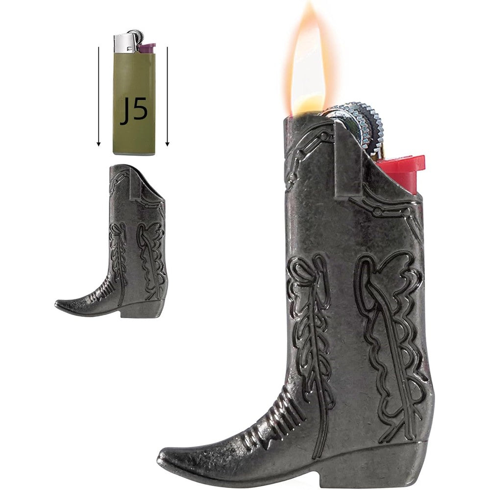 Zxvskr Cowboy Boot Lighter Sleeve Cover front view showcasing western engraved details.