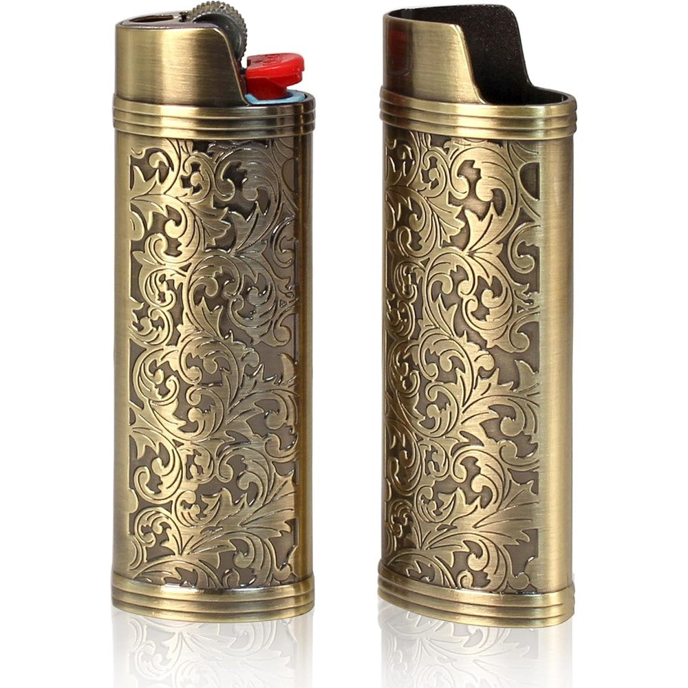 HUMWE vintage metal lighter case front view showing arabesque engraving