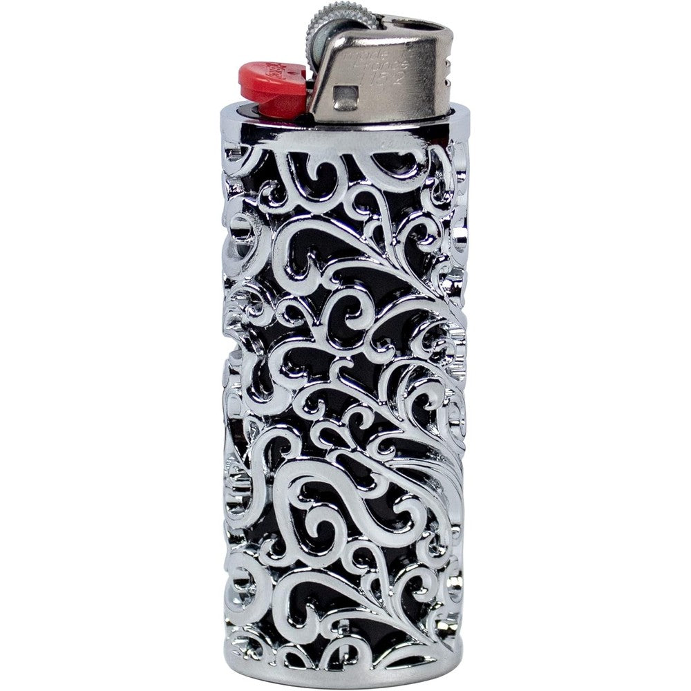HUMWE vintage metal lighter case sleeve front view silver floral pattern