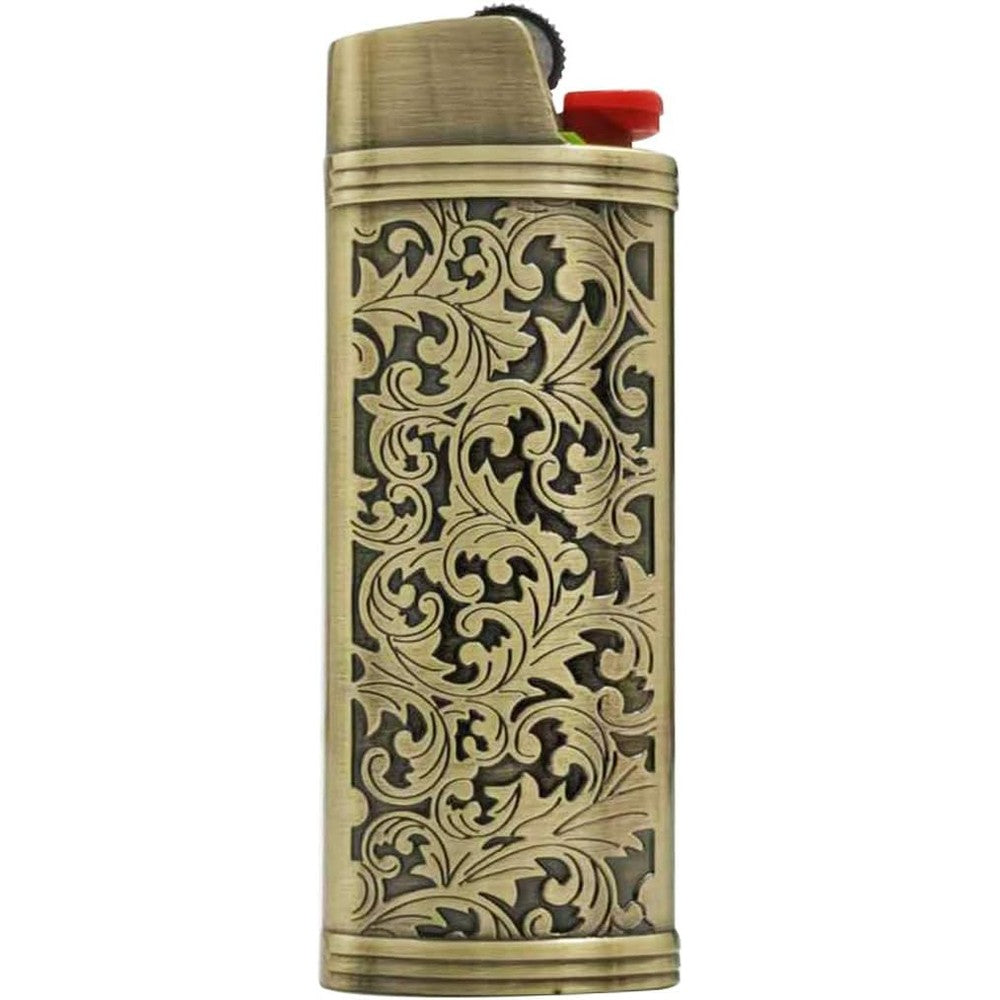 Lucklybestseller metal lighter case front view featuring vintage floral stamped design