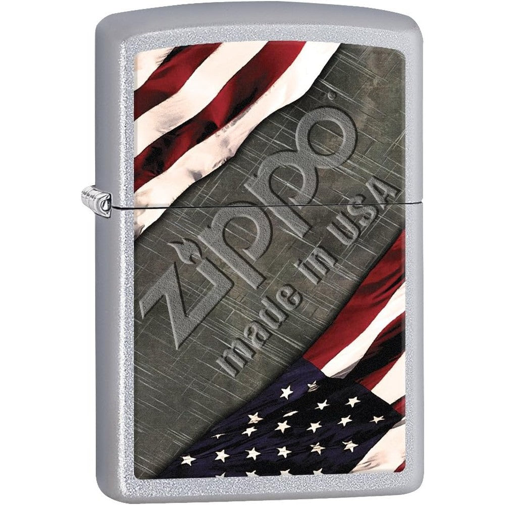 Zippo American Flag Lighter front view showing patriotic design on satin chrome.