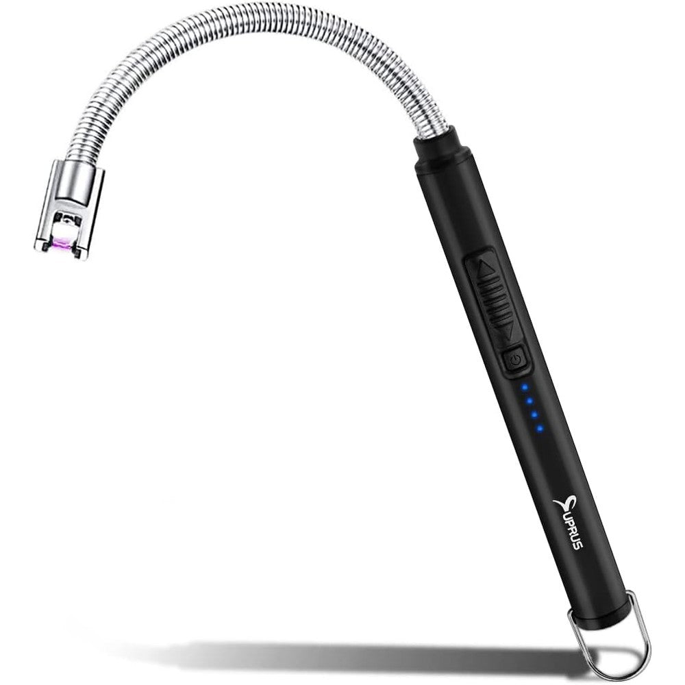 SUPRUS Electric Candle Lighter front view showing sleek black finish and flexible neck.