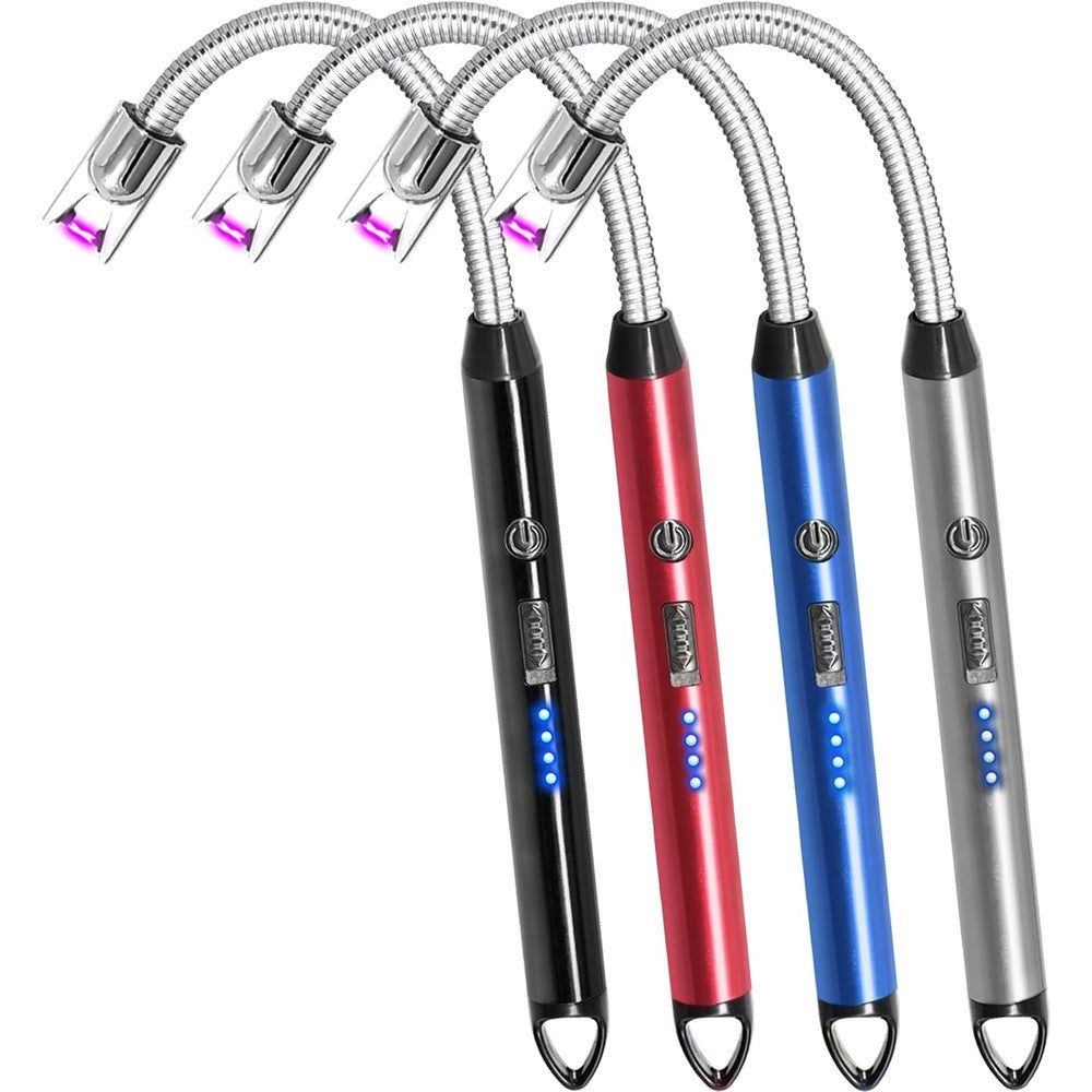 Luxgaze electric arc candle lighter front view showing four pieces in black red blue and silver colors
