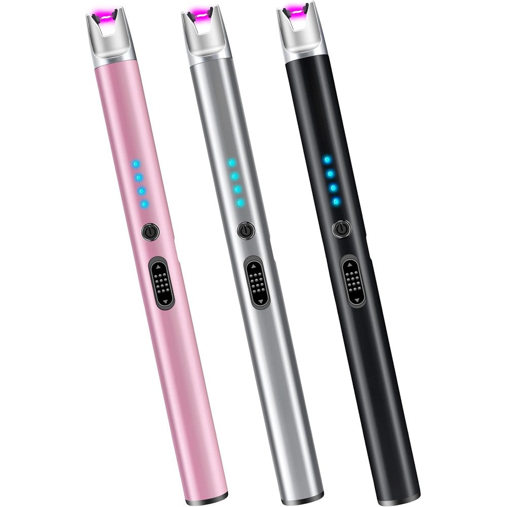 Luxgaze electric candle lighter front view showing the sleek pink metallic body and safety lock switch.