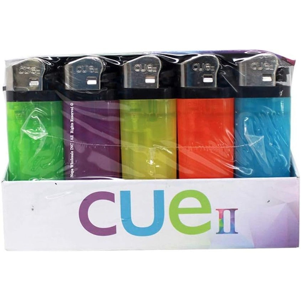 CUE II Classic Lighters 50 count tray front view for wholesale