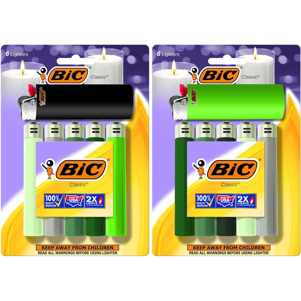 BIC Classic Maxi Pocket Lighter 12-Pack front view in assorted green shades.