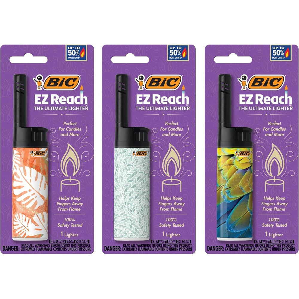 BIC EZ Reach Candle Lighter 3 pack front view with assorted home decor designs.