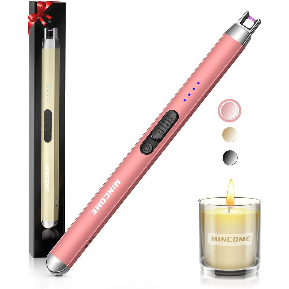MINCOME electric candle lighter front view in rose gold finish showing the battery level indicators.