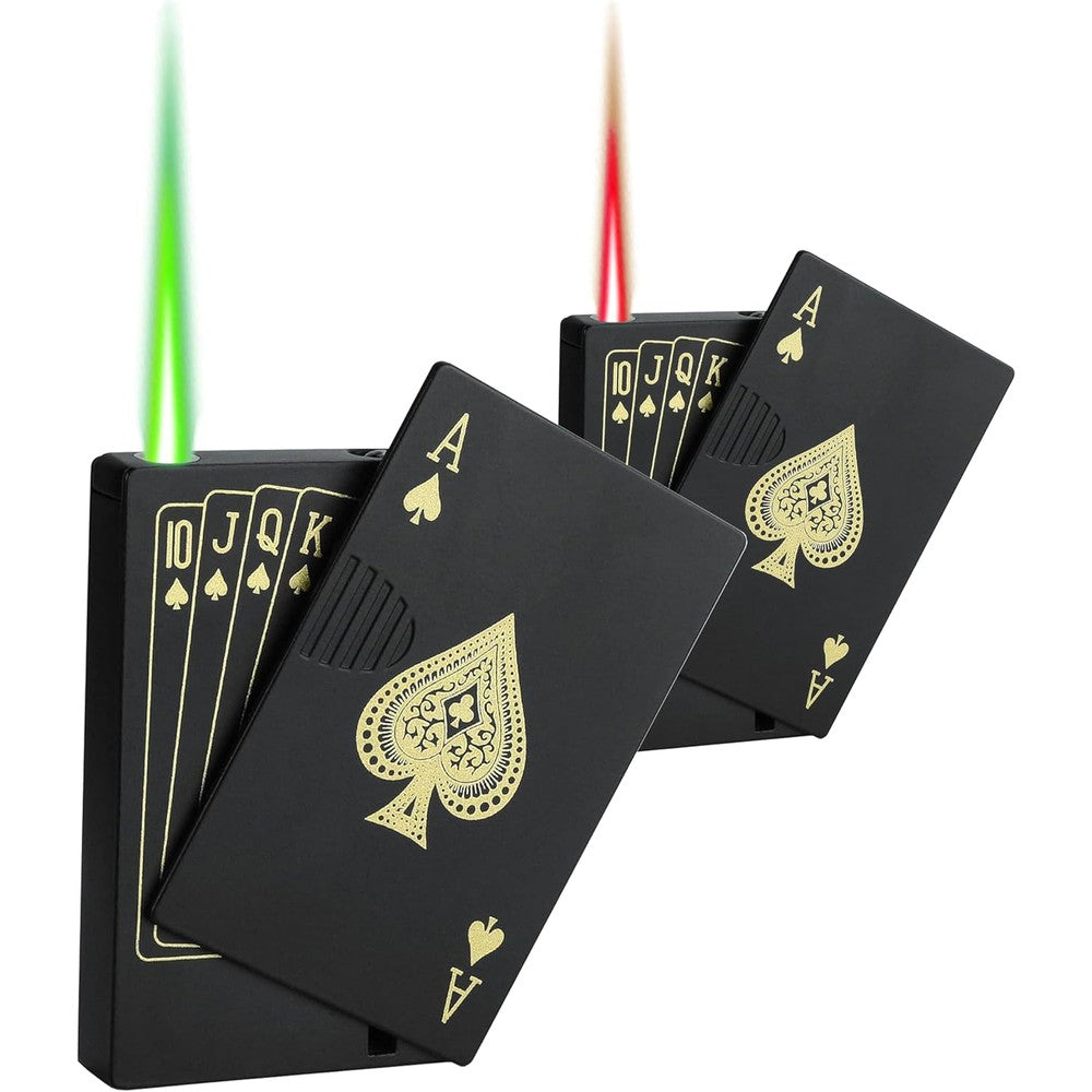 LAOKSFZ Ace of Spades jet torch lighter front view with green flame.