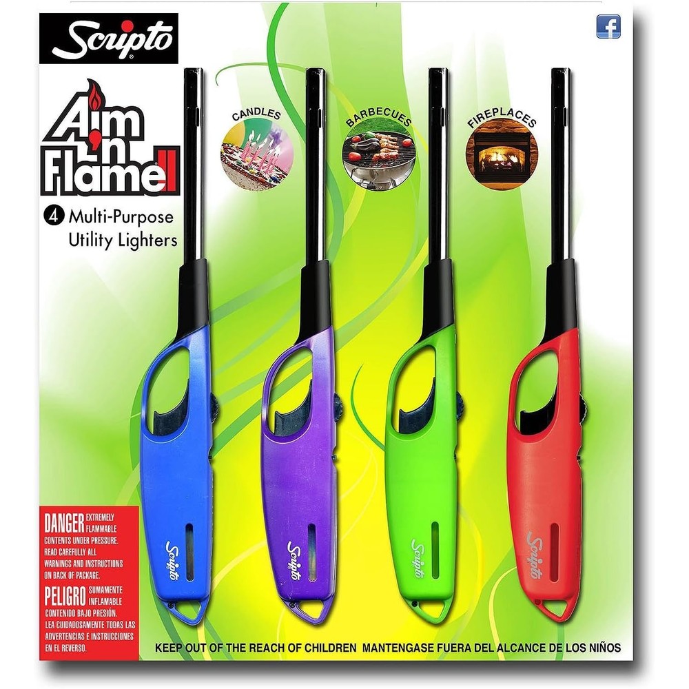 Scripto Aim 'N Flame Multi-Purpose Lighters 4 Pack front view showing assorted colors and long safety nozzles.