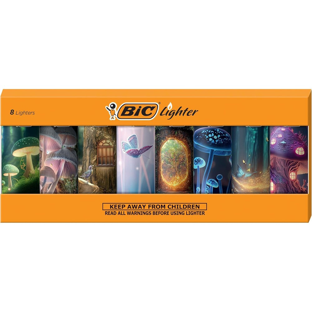 BIC Maxi Pocket Lighter Whimsical Series 8 Count front view showcasing assorted colorful graphic designs.