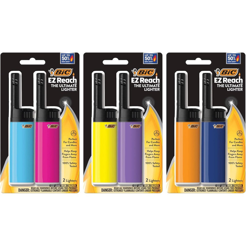 BIC EZ Reach Lighter 6-pack front view featuring assorted colors and extended wand.