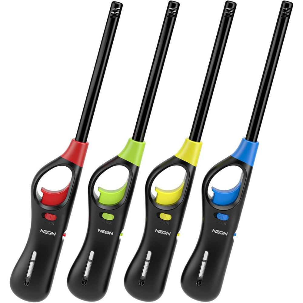Neon refillable butane candle lighters four pack front view showing assorted colors.