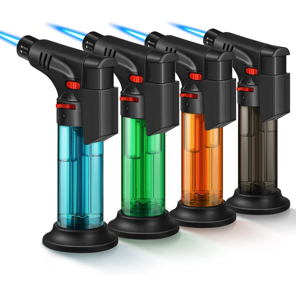 Samniu torch lighter four pack front view showing assorted neon colors.