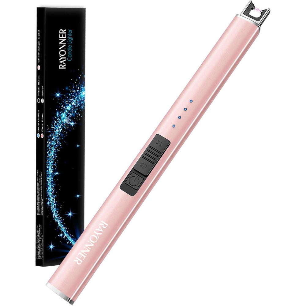 RAYONNER electric candle lighter in rose gold front view showing plasma arc.