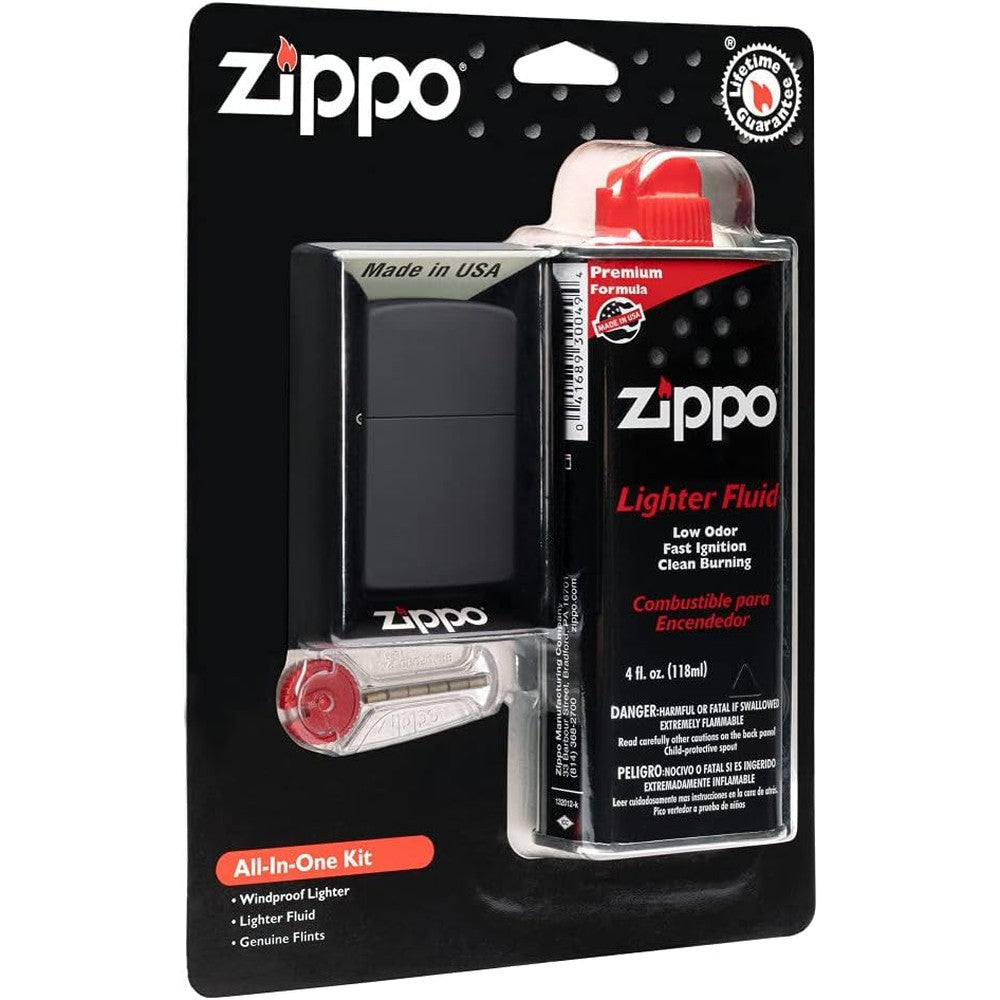 Zippo All-In-One Kit front view showing black matte lighter and fuel.
