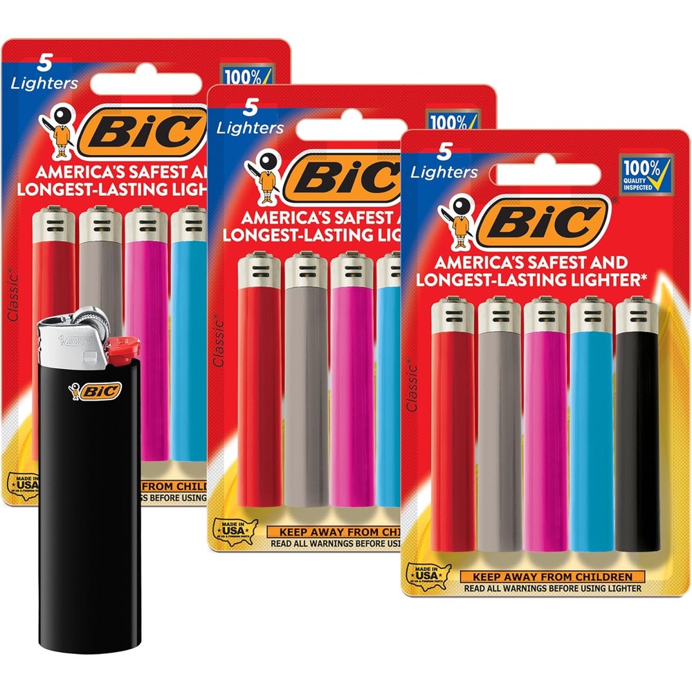 BIC Maxi Pocket Lighters 15-pack front view showing assorted colors