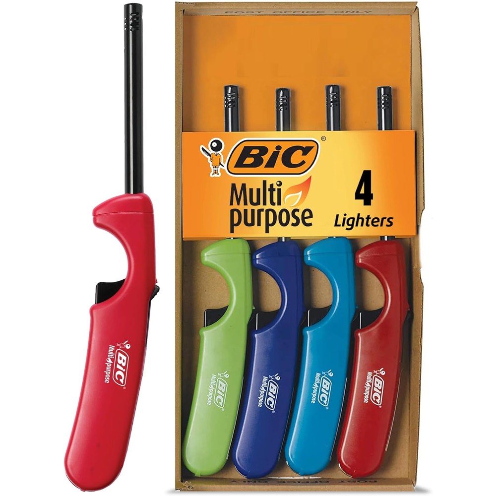 BIC Multi-Purpose Lighters 4-pack front view showing assorted colors and long metal wands.