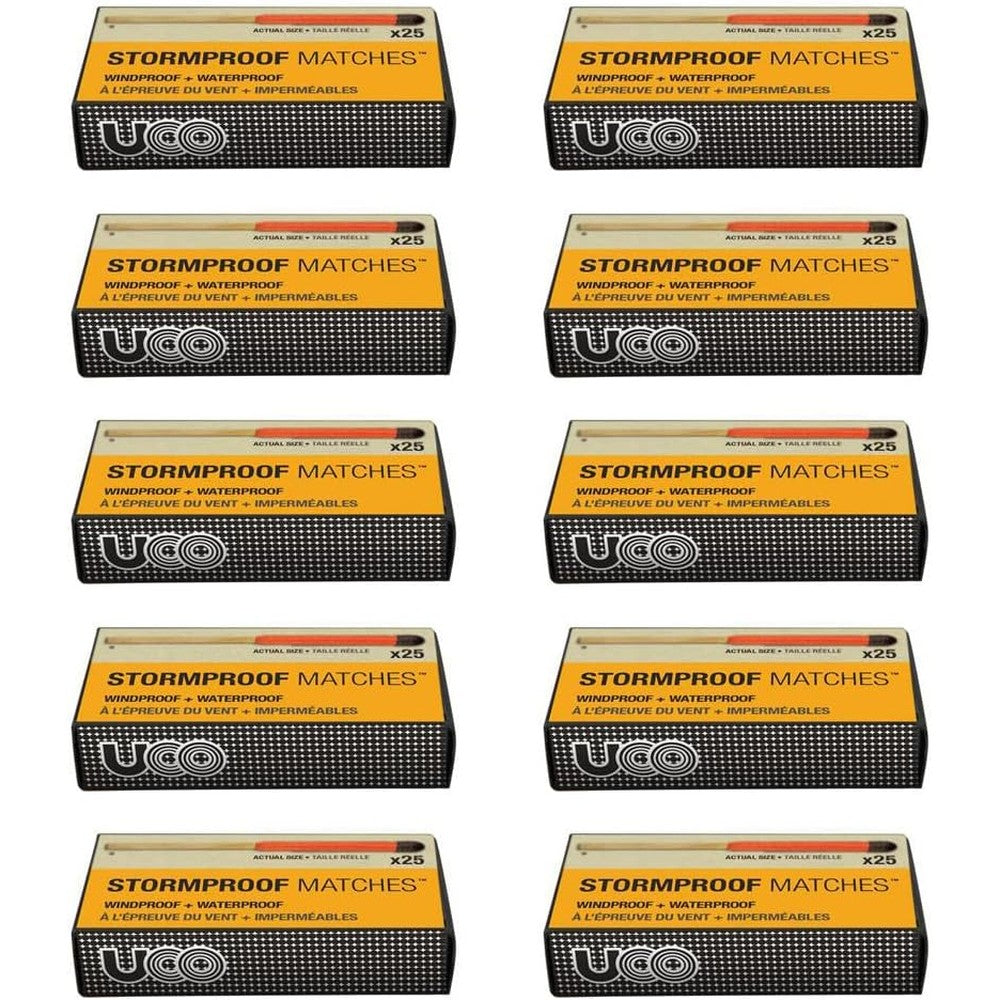 UCO Stormproof Waterproof and Windproof Match 10 Pack front view showing genuine packaging boxes