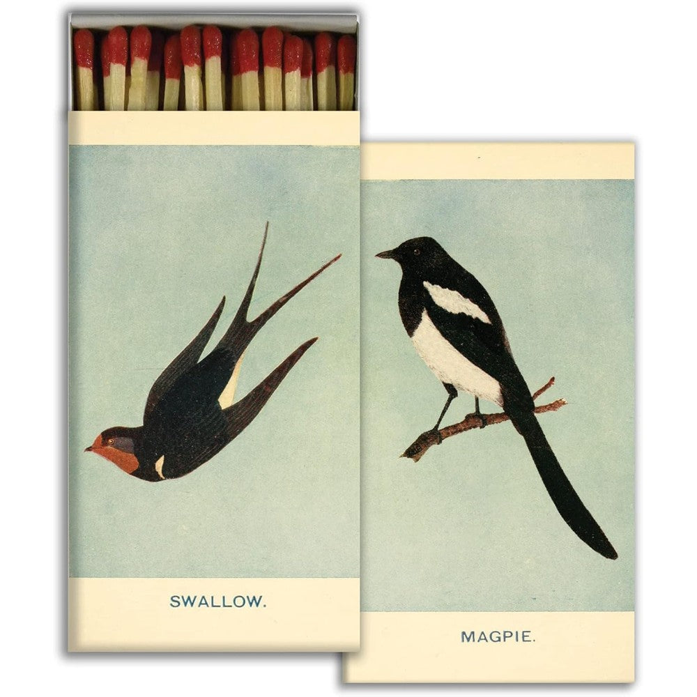 HomArt Swallow and Magpie Decorative Matchbox front view featuring vintage bird illustrations for candle lighting.