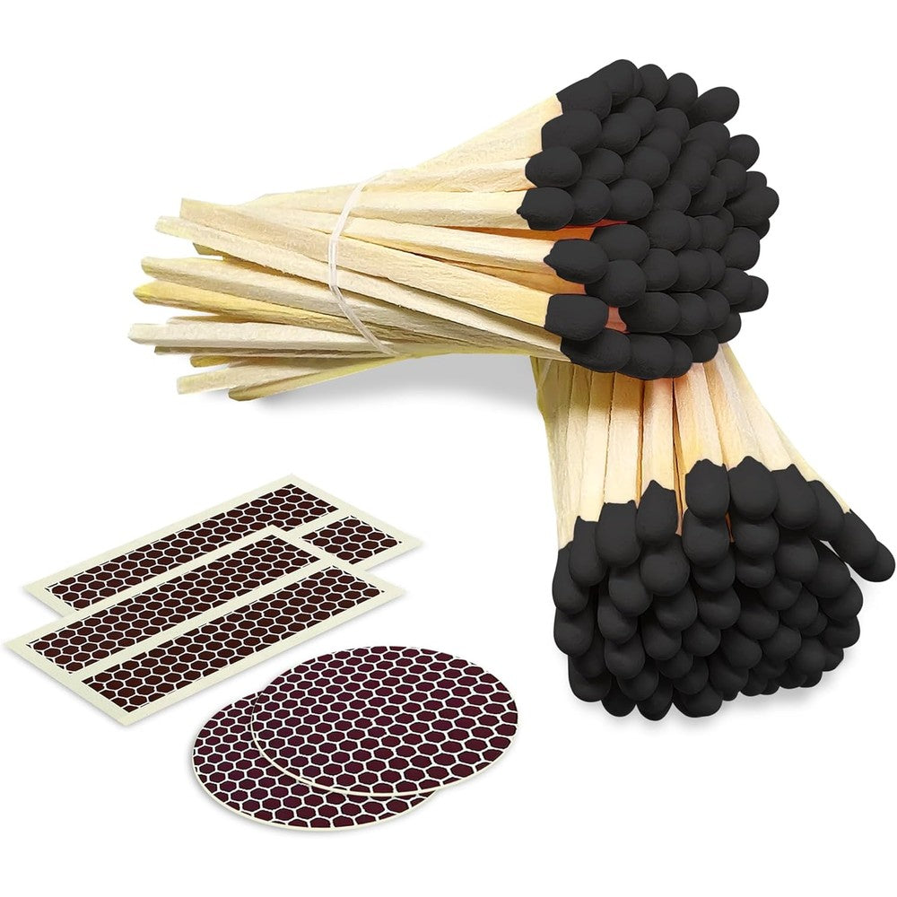 Thankful Greetings 4 inch bold black tip matches front view decorative candle accessory.