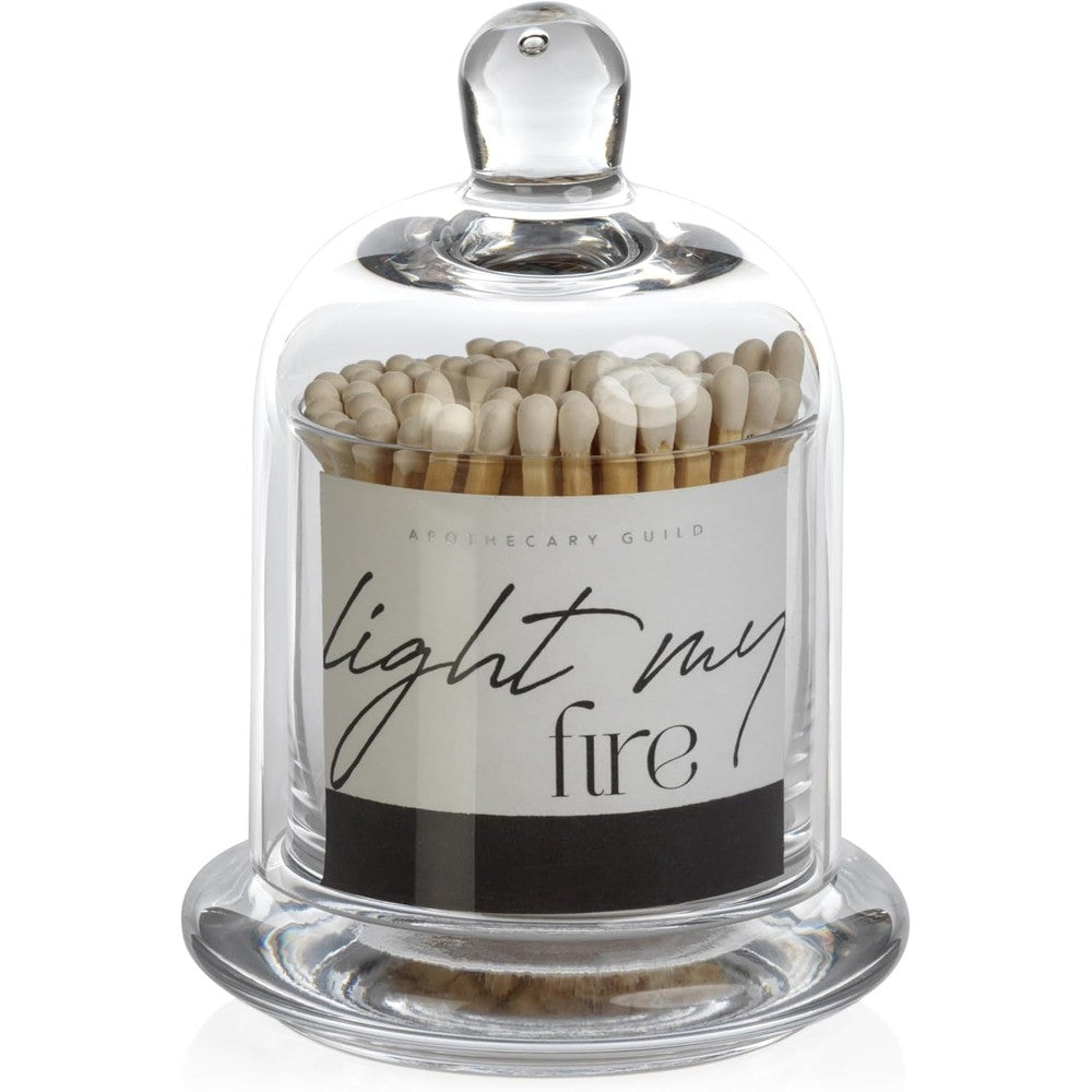 Zodax Apothecary Guild Light My Fire Matches in glass cloche front view for home decor.