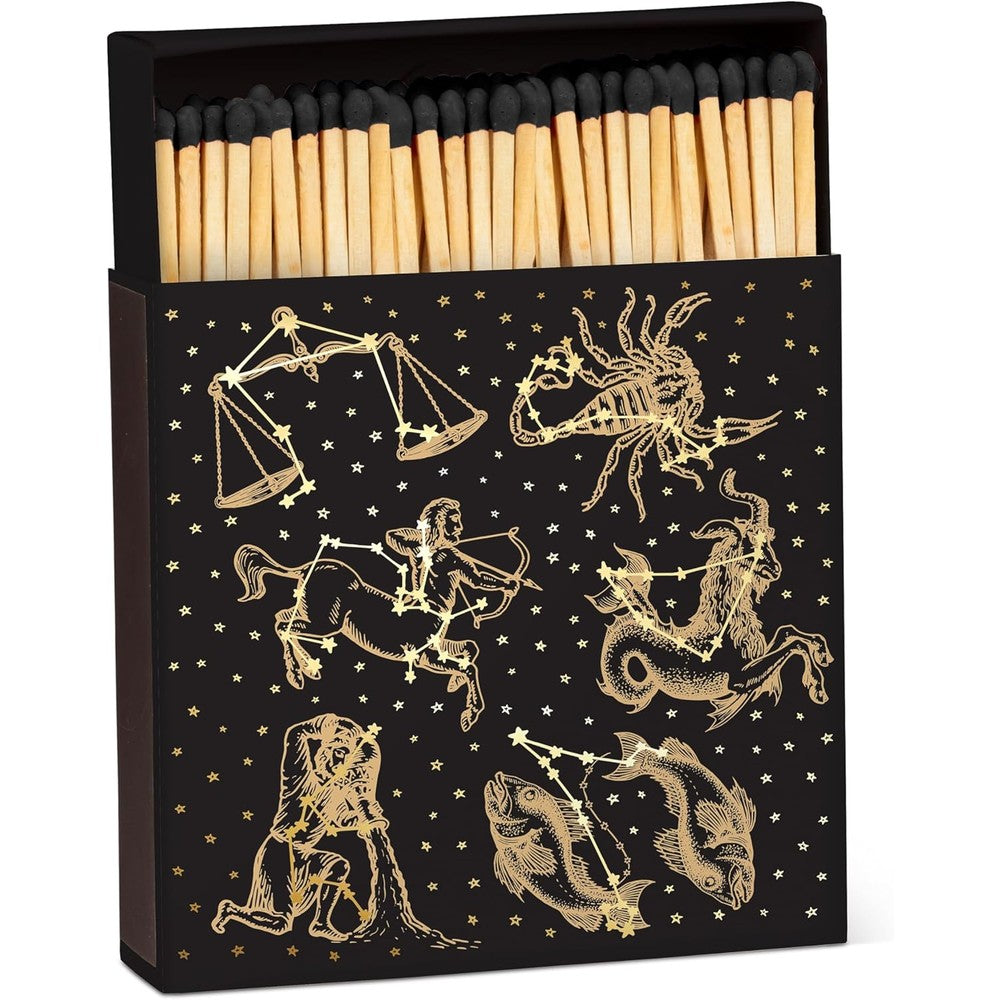 Abbott Collection Home Zodiac Decorative Matchbox front view featuring gold foil astrology icons on a black background