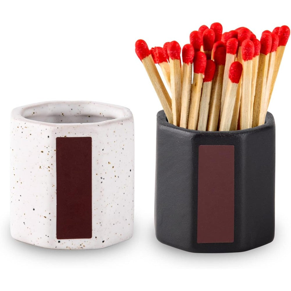 Dgudgu 2 Pack Match Holder With Striker front view showing black and white ceramic jars.