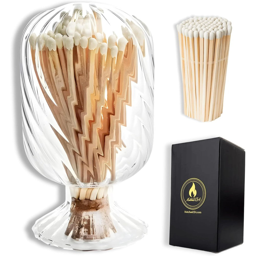 Winecraft Helix Spiral Glass Match Cloche front view with white safety matches inside